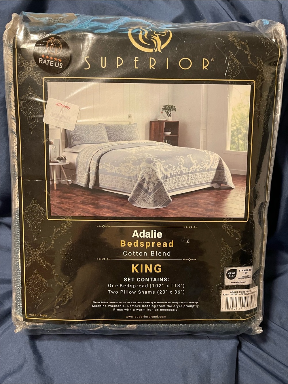 Adalie King Cotton Blend Bedspread - Cerulean Blue/White